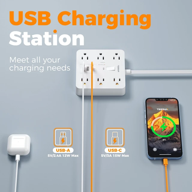 Alt view image 3 of 7 - Surge Protector Power Strip, 10Ft Flat Plug Extension Cord, White 6 Outlets and 4 USB Ports (2 USB C), 1700 Joules Surge Protection, Outlet Extender for Home, Office, Dorm Room Essentials