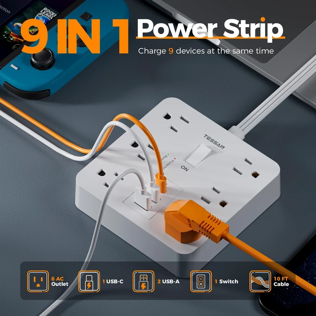 Alt view image 2 of 7 - Surge Protector Power Strip, 10Ft Flat Plug Extension Cord, White 6 Outlets and 4 USB Ports (2 USB C), 1700 Joules Surge Protection, Outlet Extender for Home, Office, Dorm Room Essentials