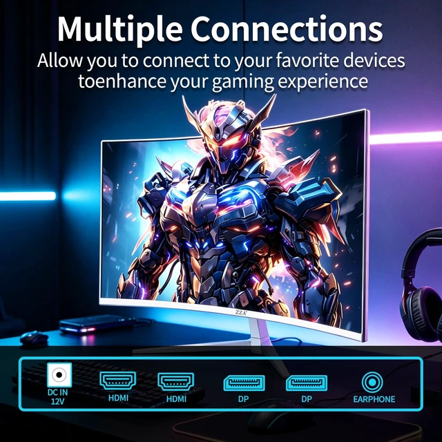 Alt view image 7 of 7 - 27 Inch Curved 300Hz Gaming Monitor White Computer Monitor FHD 1080p, 1800R Curvature VA Panel, Supports AMD FreeSync, HDR10, HDMI and DisplayPort, 120% sRGB Color Gamut, 1ms Response Time