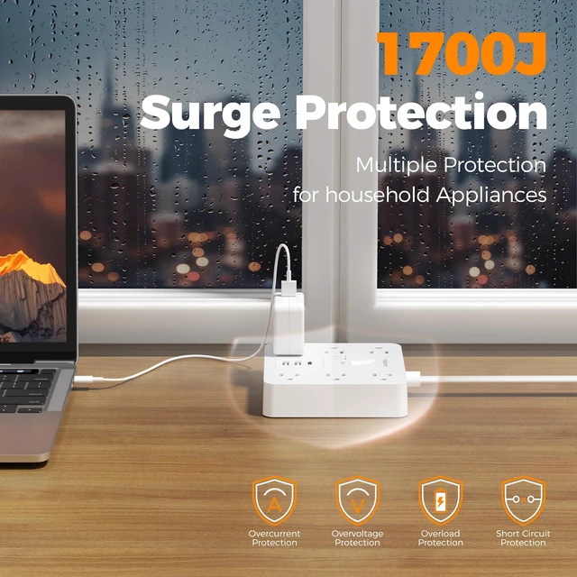 Alt view image 4 of 7 - Surge Protector Power Strip, 10Ft Flat Plug Extension Cord, White 6 Outlets and 4 USB Ports (2 USB C), 1700 Joules Surge Protection, Outlet Extender for Home, Office, Dorm Room Essentials
