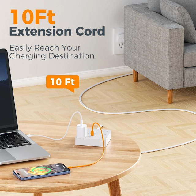 Alt view image 7 of 7 - Surge Protector Power Strip, 10Ft Flat Plug Extension Cord, White 6 Outlets and 4 USB Ports (2 USB C), 1700 Joules Surge Protection, Outlet Extender for Home, Office, Dorm Room Essentials