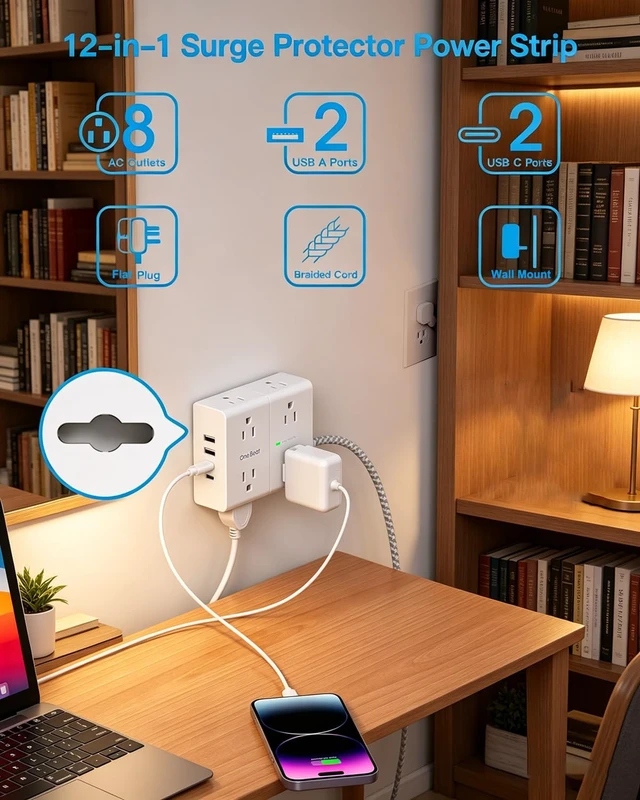 Alt view image 3 of 7 - Extension Cord 10 Ft, Surge Protector Power Strip 10 Ft Long Cord 8 Outlets 4 USB Ports(2 USB C) Flat Plug Power Strip, 10Ft Braided Long Power Strip, Home Office College Dorm Room Essentials