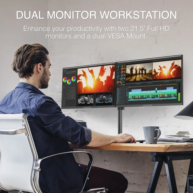 Alt view image 5 of 6 - airFrame Dual Monitor Workstation Two 21.5" Full HD Screens, VESA Mount, 1920x1080, 75Hz, Tilt Adjustable, HDMI/VGA, Slim Bezel Ideal for Home, Office, Productivity & Light Gaming