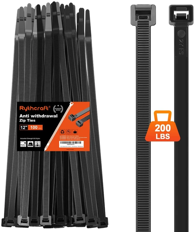 Main image of Zip Ties Heavy Duty 14 inch 200 LBS Tensile Strength Cable Ties Extra Large Wire Ties Adjustable Nylon Tie Wraps for Indoor Outdoor Patented Design100 Pack Black