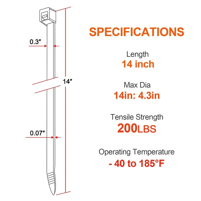 Alt view image 7 of 7 - Zip Ties Heavy Duty 14 inch 200 LBS Tensile Strength Cable Ties Extra Large Wire Ties Adjustable Nylon Tie Wraps for Indoor Outdoor Patented Design100 Pack Black