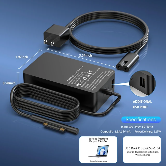 Alt view image 3 of 7 - 127W Surface Book Charger Compatible with Microsoft Surface Book 3 2 1, Surface Pro 10 9, 8, 7+, 7, 6, 5, 4, 3, X, Windows Surface Laptop/Go, Surface Laptop Studio 2, 1 Power Supply Cord