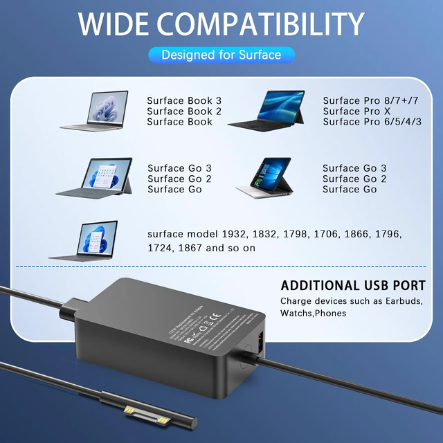 Alt view image 2 of 7 - 127W Surface Book Charger Compatible with Microsoft Surface Book 3 2 1, Surface Pro 10 9, 8, 7+, 7, 6, 5, 4, 3, X, Windows Surface Laptop/Go, Surface Laptop Studio 2, 1 Power Supply Cord