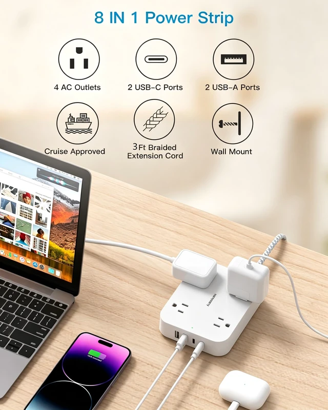 Alt view image 2 of 7 - 3Ft Short Power Strip with 4 USB Ports(2 USB C), 4 Widely Spaced AC Outlets Cruise Ship Approved, Wall Mount Desk Charging Station for Office, School, Travel, Dorm Room Essentials, ETL Listed