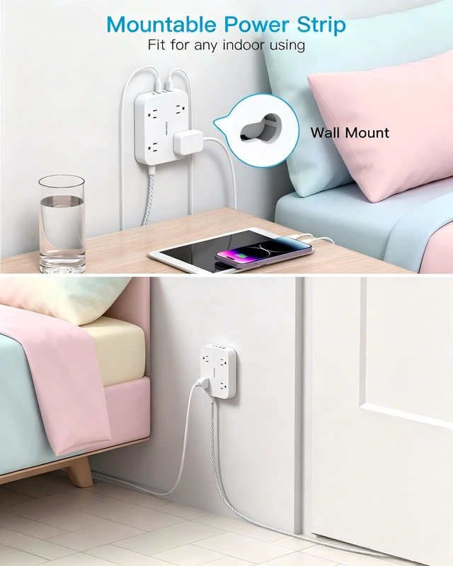 Alt view image 4 of 7 - 3Ft Short Power Strip with 4 USB Ports(2 USB C), 4 Widely Spaced AC Outlets Cruise Ship Approved, Wall Mount Desk Charging Station for Office, School, Travel, Dorm Room Essentials, ETL Listed
