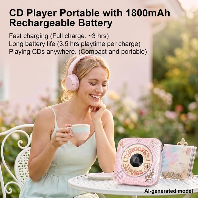 Alt view image 2 of 7 - CD Player Portable Bluetooth CD Players for Home Rechargeable Desktop Wall Mountable Portable CD Player Dual Speakers 1800mAh Boombox FM Radio MP3 Music Player Small CD Player