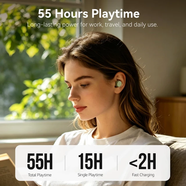 Alt view image 3 of 7 - T10 Wireless Earbuds Powerful Bass Stereo Wireless Charging, APP, IPX8 Waterproof, 55H Playtime, Ergonomic Design In Ear buds, App Customize EQ, Bluetooth 5.3 Headphones for Work, Travel, Green
