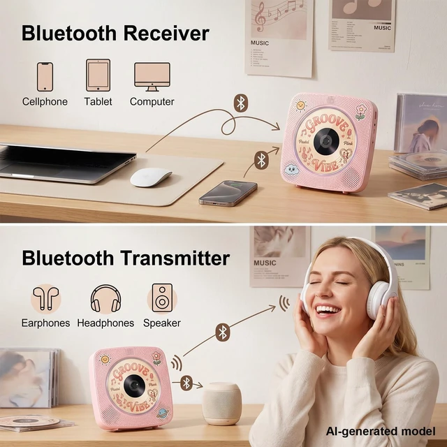 Alt view image 3 of 7 - CD Player Portable Bluetooth CD Players for Home Rechargeable Desktop Wall Mountable Portable CD Player Dual Speakers 1800mAh Boombox FM Radio MP3 Music Player Small CD Player