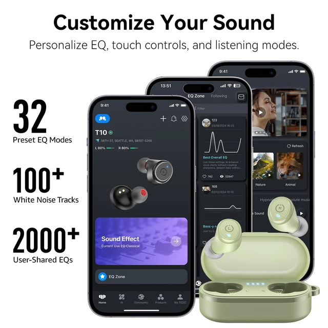 Alt view image 6 of 7 - T10 Wireless Earbuds Powerful Bass Stereo Wireless Charging, APP, IPX8 Waterproof, 55H Playtime, Ergonomic Design In Ear buds, App Customize EQ, Bluetooth 5.3 Headphones for Work, Travel, Green