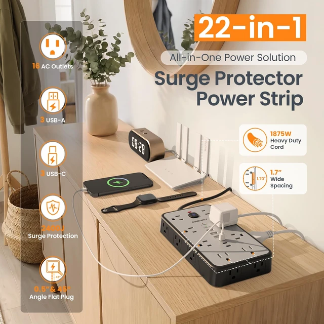 Alt view image 2 of 7 - 6 FT Surge Protector Power Strip with 6 USB, 16 Outlets, 2400J 3 USB-A & 3 USB-C Ports, 1.7" Wide-Spaced Outlets, 1875W/15A, Flat Plug, 4-Sided Design for Home, Office, Dorm & Gaming