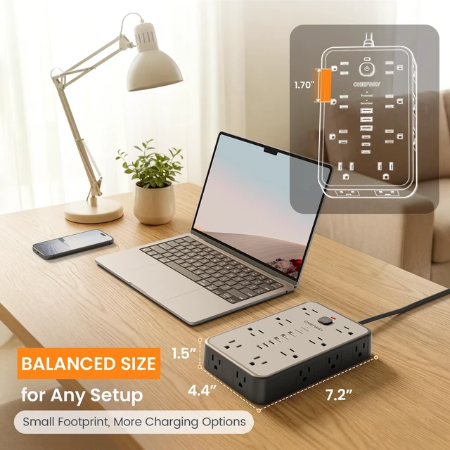 Alt view image 5 of 7 - 6 FT Surge Protector Power Strip with 6 USB, 16 Outlets, 2400J 3 USB-A & 3 USB-C Ports, 1.7" Wide-Spaced Outlets, 1875W/15A, Flat Plug, 4-Sided Design for Home, Office, Dorm & Gaming