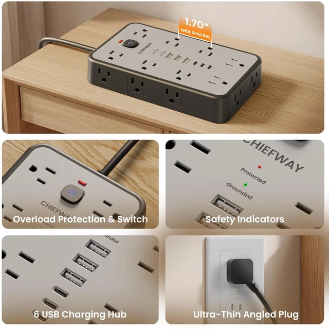 Alt view image 7 of 7 - 6 FT Surge Protector Power Strip with 6 USB, 16 Outlets, 2400J 3 USB-A & 3 USB-C Ports, 1.7" Wide-Spaced Outlets, 1875W/15A, Flat Plug, 4-Sided Design for Home, Office, Dorm & Gaming