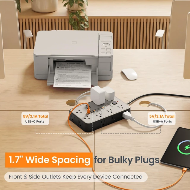 Alt view image 3 of 7 - 6 FT Surge Protector Power Strip with 6 USB, 16 Outlets, 2400J 3 USB-A & 3 USB-C Ports, 1.7" Wide-Spaced Outlets, 1875W/15A, Flat Plug, 4-Sided Design for Home, Office, Dorm & Gaming