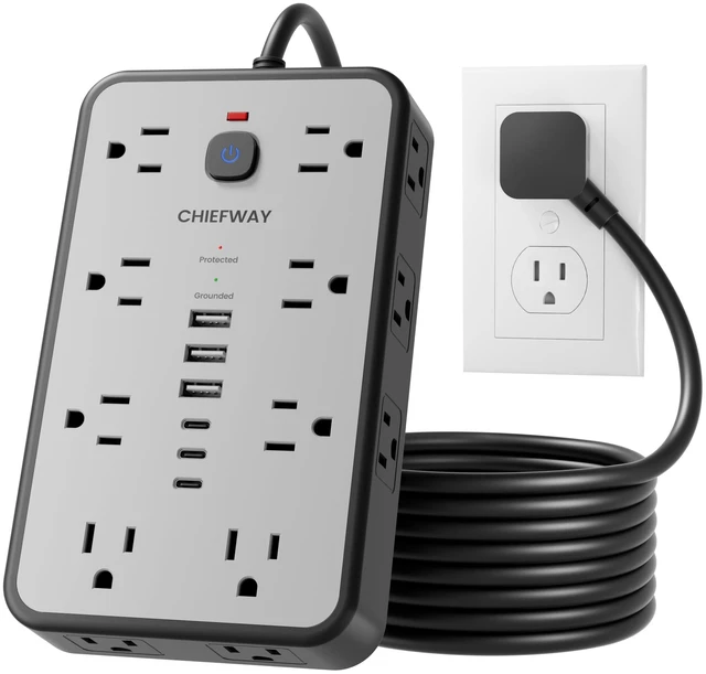 Main image of 6 FT Surge Protector Power Strip with 6 USB, 16 Outlets, 2400J 3 USB-A & 3 USB-C Ports, 1.7" Wide-Spaced Outlets, 1875W/15A, Flat Plug, 4-Sided Design for Home, Office, Dorm & Gaming