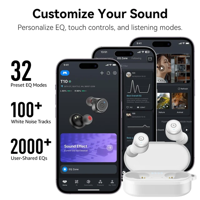 Alt view image 6 of 7 - T10 Wireless Earbuds Powerful Bass Stereo Wireless Charging, APP, IPX8 Waterproof, 55H Playtime, Ergonomic Design In Ear buds, App Customize EQ, Bluetooth 5.3 Headphones for Work, Travel, White