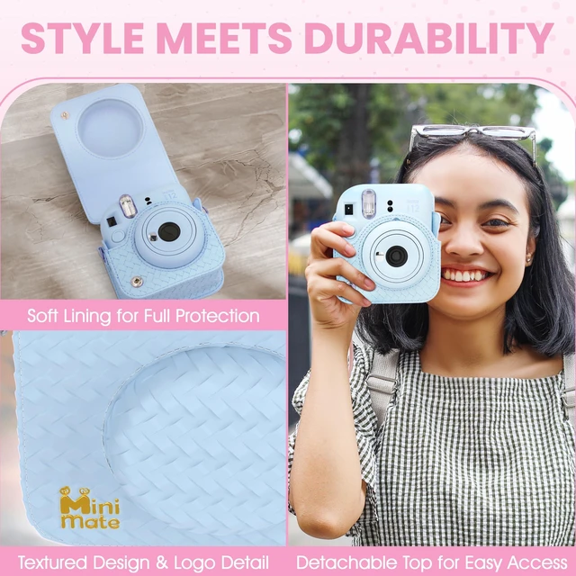 Alt view image 6 of 7 - Instax Mini 12 Instant Camera Pastel Blue + Minimate Custom Designed Case + Fuji Instax Film 10 Sheets & Album