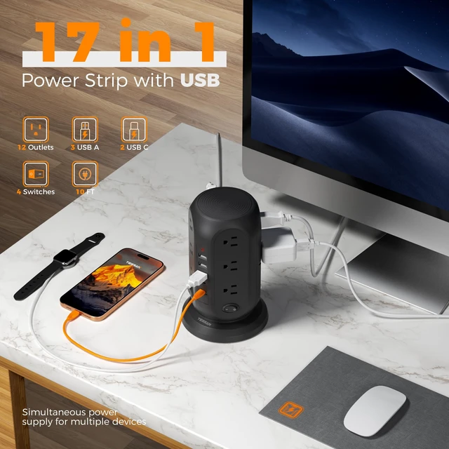 Alt view image 4 of 7 - Tower Power Strip Surge Protector, Flat Extension Cord 10 Ft,Black Individual Switches with 12 Outlets, 5 USB Ports(2 USB C), Flat Plug, Charging Station for Multiple Devices, Office, Dorm