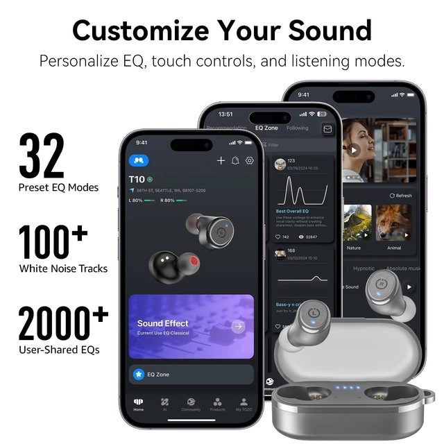 Alt view image 6 of 7 - T10 Wireless Earbuds Powerful Bass Stereo Wireless Charging, APP, IPX8 Waterproof, 55H Playtime, Ergonomic Design In Ear buds, App Customize EQ, Bluetooth 5.3 Headphones for Work, Travel, Gray