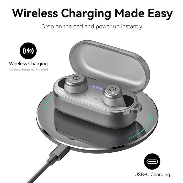 Alt view image 7 of 7 - T10 Wireless Earbuds Powerful Bass Stereo Wireless Charging, APP, IPX8 Waterproof, 55H Playtime, Ergonomic Design In Ear buds, App Customize EQ, Bluetooth 5.3 Headphones for Work, Travel, Gray