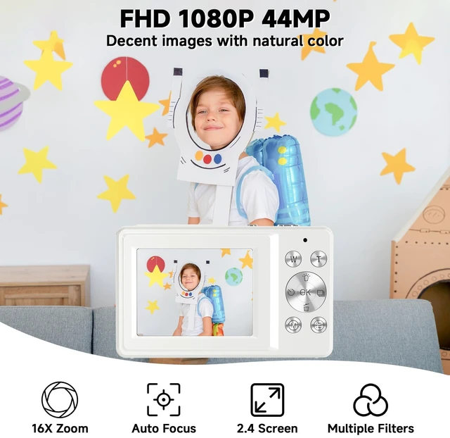 Alt view image 2 of 7 - Digital Camera, 44MP Compact Camera, FHD 1080P Point and Shoot Digital Cameras with 16X Zoom, Face Detect, Smile Capture, Anti Shake, for Boys Girls Teens Gifts (White)