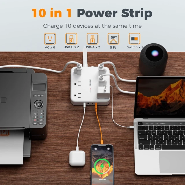 Alt view image 2 of 7 - Surge Protector Power Strip, 5Ft Flat Plug Extension Cord, White
