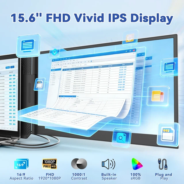 Alt view image 2 of 7 - 15.6" Laptop Screen Extender, Triple Portable Monitor with Ultra-Thin FHD 1080P IPS Display for 13-17" Laptop, Plug & Play via HDMI/USB-A/Type-C, Compatible with Mac/Windows/Android