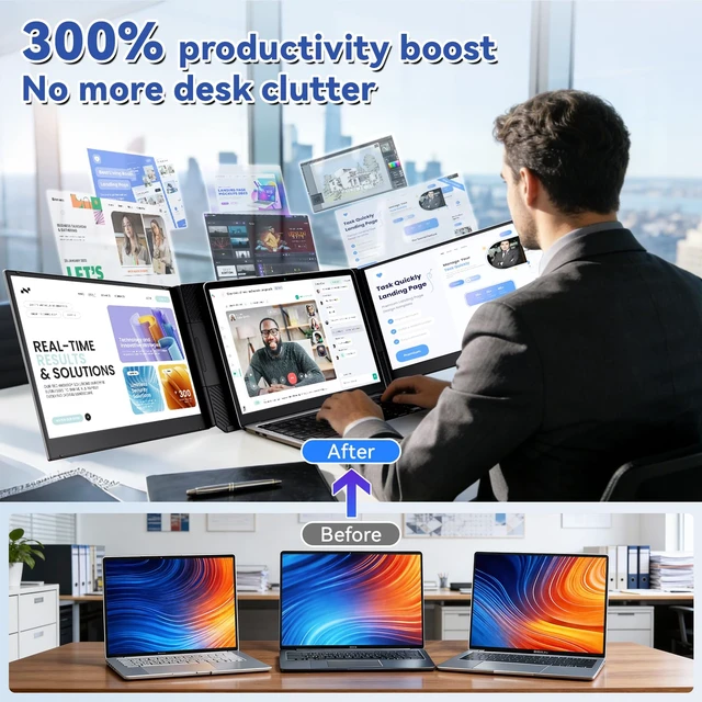 Alt view image 3 of 7 - 15.6" Laptop Screen Extender, Triple Portable Monitor with Ultra-Thin FHD 1080P IPS Display for 13-17" Laptop, Plug & Play via HDMI/USB-A/Type-C, Compatible with Mac/Windows/Android