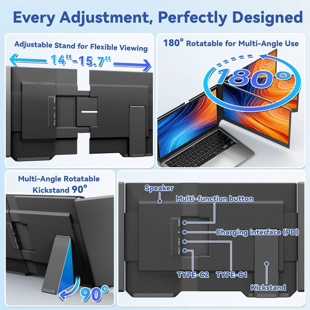 Alt view image 4 of 7 - 15.6" Laptop Screen Extender, Triple Portable Monitor with Ultra-Thin FHD 1080P IPS Display for 13-17" Laptop, Plug & Play via HDMI/USB-A/Type-C, Compatible with Mac/Windows/Android