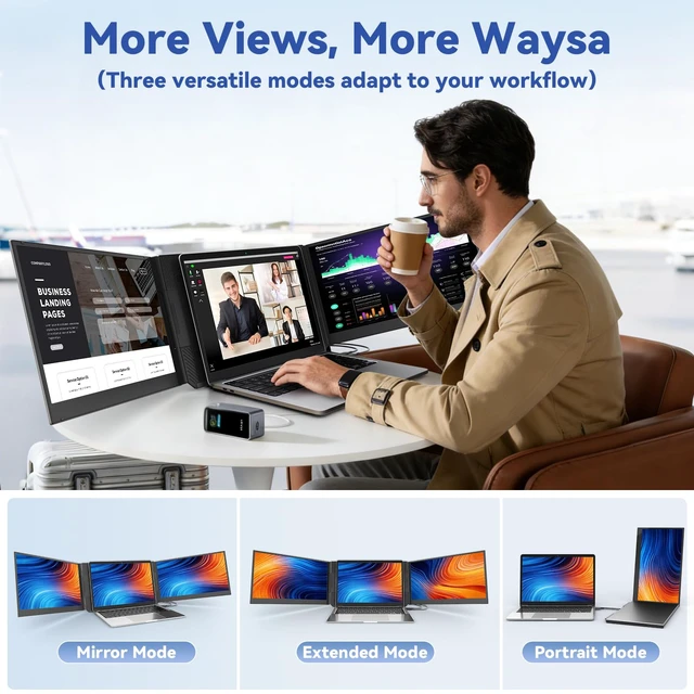 Alt view image 6 of 7 - 15.6" Laptop Screen Extender, Triple Portable Monitor with Ultra-Thin FHD 1080P IPS Display for 13-17" Laptop, Plug & Play via HDMI/USB-A/Type-C, Compatible with Mac/Windows/Android