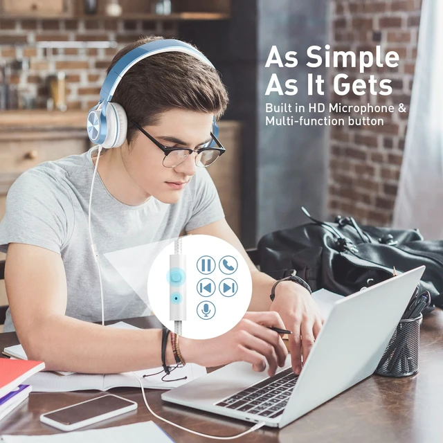 Alt view image 2 of 7 - Kids Headphones for School, 3.5mm Wired with Mic for Teens, SkyBlue On-Ear Headsets with Microphone for Chromebook Laptop Computer, Foldable Adjustable Teen Kids, Corded for Classroom Travel