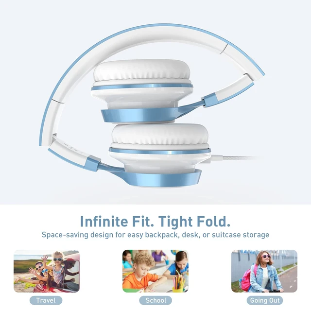 Alt view image 4 of 7 - Kids Headphones for School, 3.5mm Wired with Mic for Teens, SkyBlue On-Ear Headsets with Microphone for Chromebook Laptop Computer, Foldable Adjustable Teen Kids, Corded for Classroom Travel