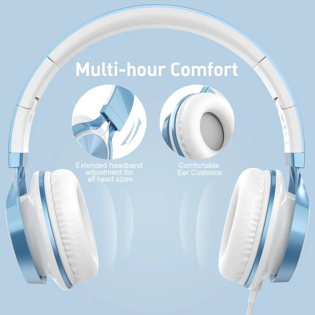 Alt view image 6 of 7 - Kids Headphones for School, 3.5mm Wired with Mic for Teens, SkyBlue On-Ear Headsets with Microphone for Chromebook Laptop Computer, Foldable Adjustable Teen Kids, Corded for Classroom Travel
