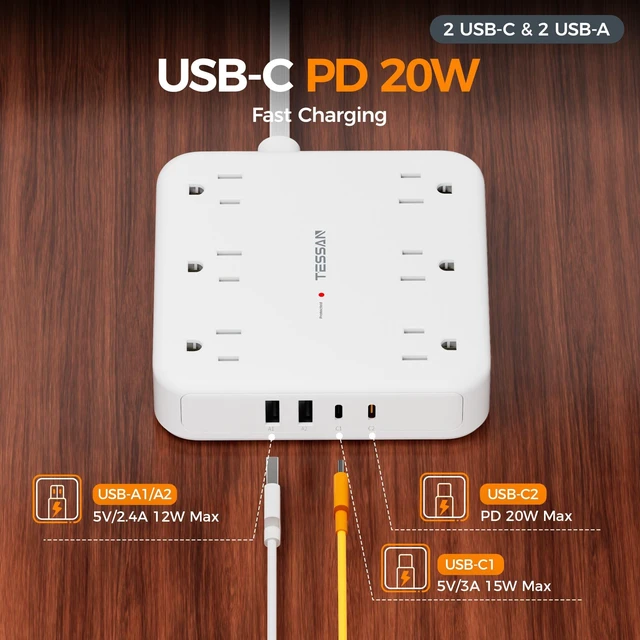 Alt view image 6 of 7 - Surge Protector Power Strip, 5Ft Flat Plug Extension Cord, White