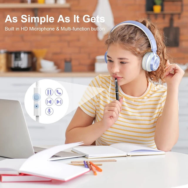 Alt view image 2 of 7 - Kids Headphones for School, 3.5mm Wired with Mic for Teens, Violet On-Ear Headsets with Microphone for Chromebook Laptop Computer, Foldable Adjustable Teen Kids, Corded for Classroom Travel