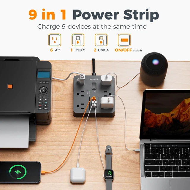 Alt view image 2 of 6 - Surge Protector Power Strip, 15Ft Flat Plug Extension Cord, Black 6 Outlets and 4 USB Ports (2 USB C), 1700 Joules Surge Protection, Outlet Extender for Home, Office, Dorm Room Essentials