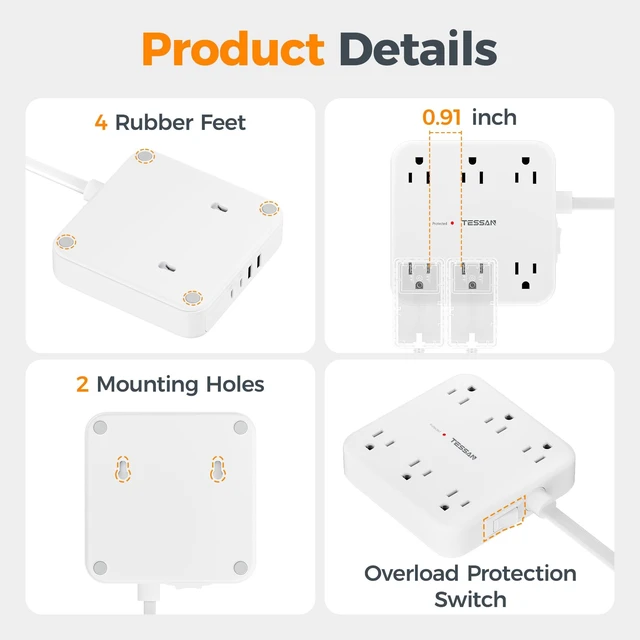 Alt view image 7 of 7 - Surge Protector Power Strip, 5Ft Flat Plug Extension Cord, White