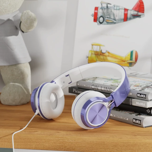 Alt view image 7 of 7 - Kids Headphones for School, 3.5mm Wired with Mic for Teens, Violet On-Ear Headsets with Microphone for Chromebook Laptop Computer, Foldable Adjustable Teen Kids, Corded for Classroom Travel
