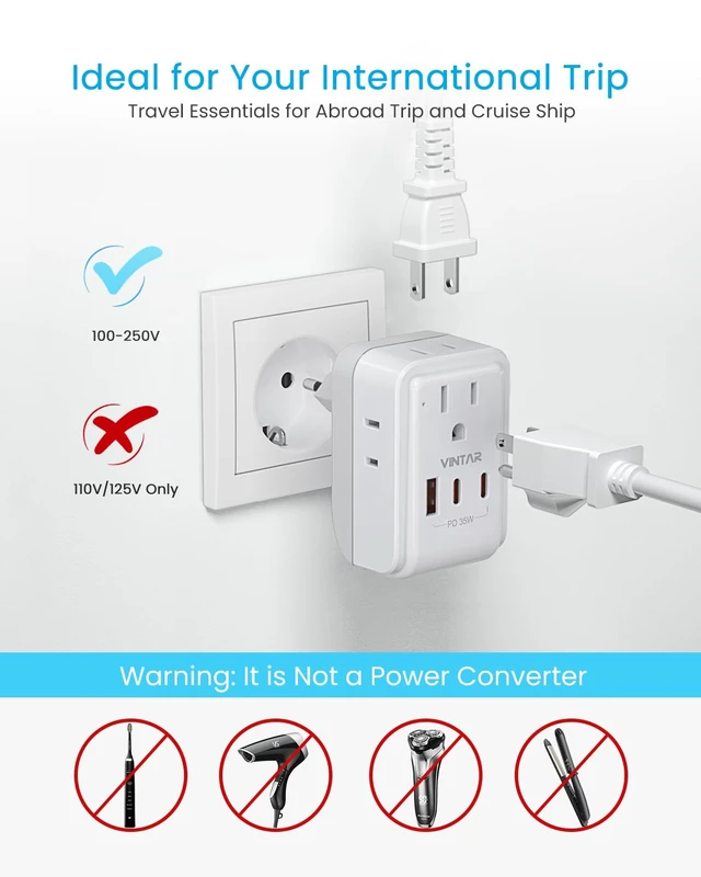 Alt view image 6 of 6 - 2 Pack European Travel Plug Adapter, PD 35W Type C Foldable Adaptor 7 in 1 with 4 AC Outlets 3 USB Ports(2 USB C), International Power Adapter for US to Most of Europe EU Italy Spain France