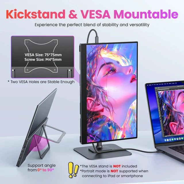 Alt view image 5 of 7 - Portable Monitor 15.6 inch FHD 90% sRGB 60Hz HDR HDMI USB-C Travel Monitor for Laptop MacBook PC Surface PS5 Xbox, External Display with Kickstand & Speakers, VESA Compatible