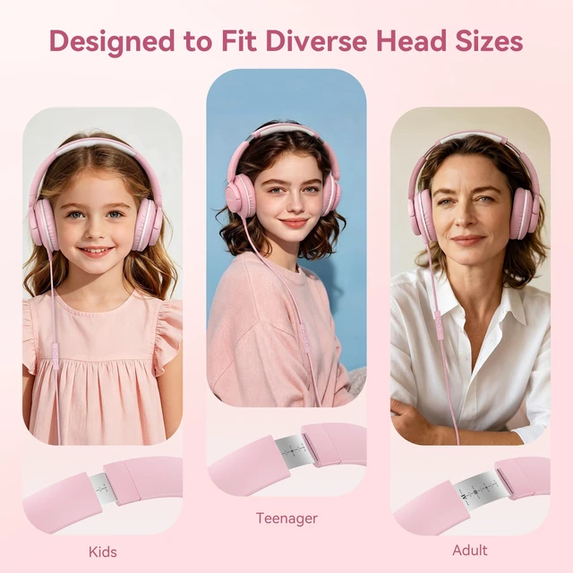 Alt view image 3 of 7 - USB C Wired Over Ear Headphones for School with Mic, Volume Control, Pink Lightweight Foldable Corded Headphone for Teens Classroom Travel Airplane, 4.9ft Tangle-Free Cord for Phone Tablet Laptop PC