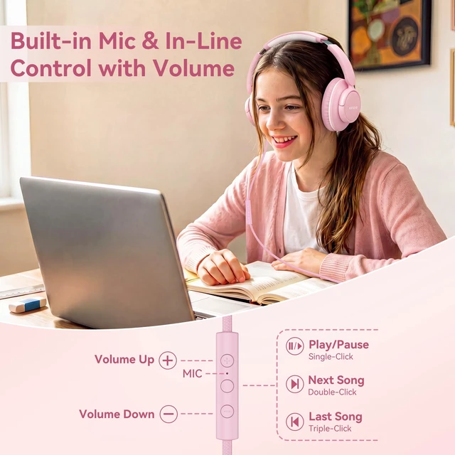 Alt view image 2 of 7 - USB C Wired Over Ear Headphones for School with Mic, Volume Control, Pink Lightweight Foldable Corded Headphone for Teens Classroom Travel Airplane, 4.9ft Tangle-Free Cord for Phone Tablet Laptop PC
