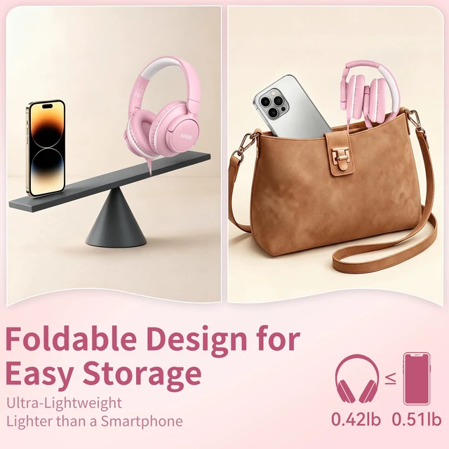 Alt view image 4 of 7 - USB C Wired Over Ear Headphones for School with Mic, Volume Control, Pink Lightweight Foldable Corded Headphone for Teens Classroom Travel Airplane, 4.9ft Tangle-Free Cord for Phone Tablet Laptop PC