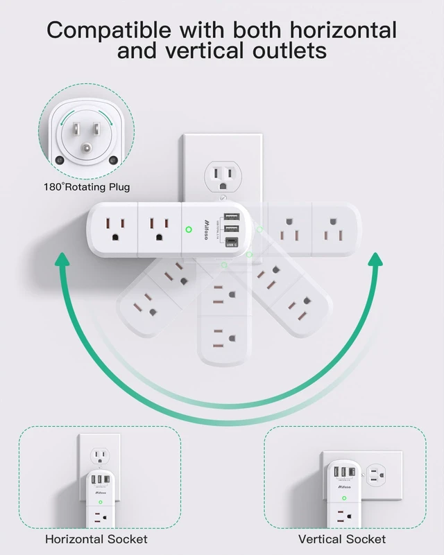 Alt view image 2 of 5 - Outlet Extender with Rotating Plug, 6 AC Multi Plug Outlets 3 USB Ports 2 Pack 3-Sided Swivel Power Strip Spaced Splitter for Home, Travel Essentials, White