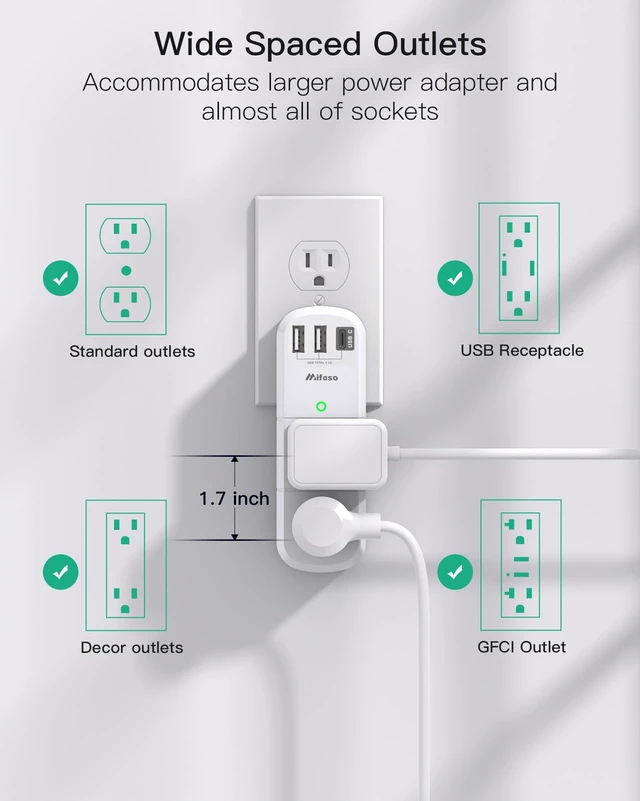 Alt view image 3 of 5 - Outlet Extender with Rotating Plug, 6 AC Multi Plug Outlets 3 USB Ports 2 Pack 3-Sided Swivel Power Strip Spaced Splitter for Home, Travel Essentials, White