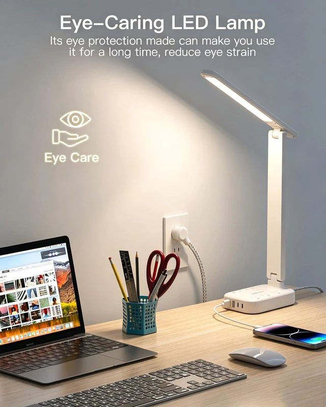 Alt view image 4 of 7 - LED Desk Lamp, 10Ft Power Strip with 3 Outlets 4 USB Ports(2 USB C), White 4 Modes 5 Level Brightness Touch Lamp, Small Desk Lamp for Home Office College Dorm Essentials, Study Reading Light