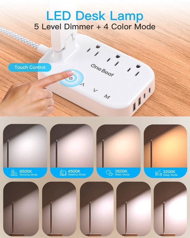 Alt view image 2 of 7 - LED Desk Lamp, 10Ft Power Strip with 3 Outlets 4 USB Ports(2 USB C), White 4 Modes 5 Level Brightness Touch Lamp, Small Desk Lamp for Home Office College Dorm Essentials, Study Reading Light